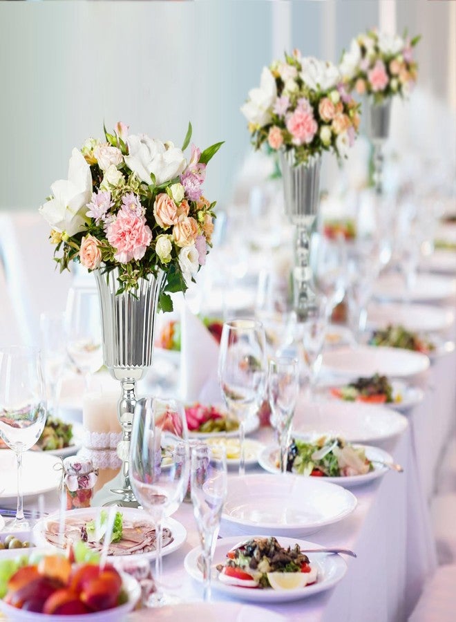 kolnlala 2PCS Silver Metal Flower Trumpet Stripe Vases Crystal Table Centerpieces Artificial Flower Arrangements for Anniversary Celebration/Wedding/Party/Birthday Event Aisle Home Decor - Image 4